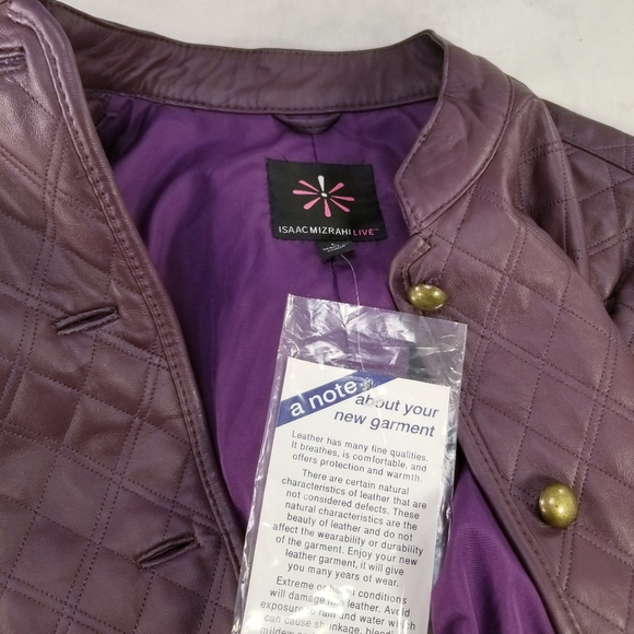ISSAC MIZRAHI GENUINE LEATHER WOMAN QUILTED JACKET PURPLE NEW WITH TAGS SZ L - Picture 4 of 11